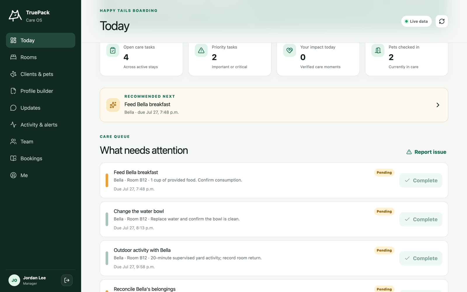 TruePack manager dashboard showing today's live care queue with priority tiles and a recommended next task above routine care