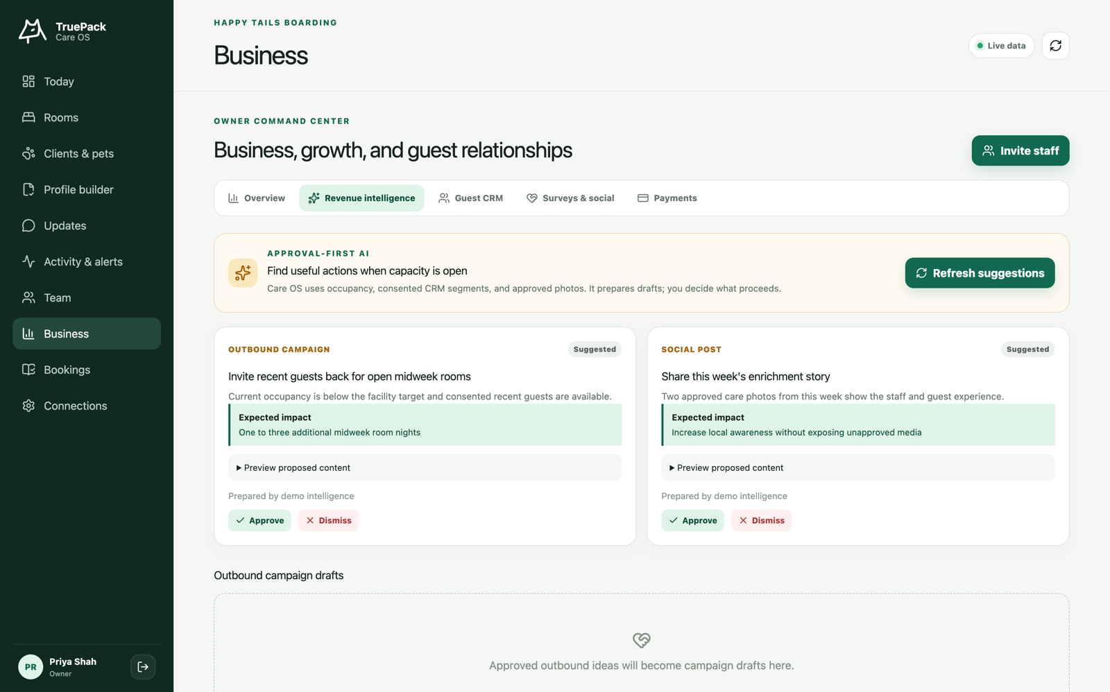 TruePack revenue intelligence tab with growth suggestion cards showing Prepared-by provenance lines and Approve and Dismiss buttons