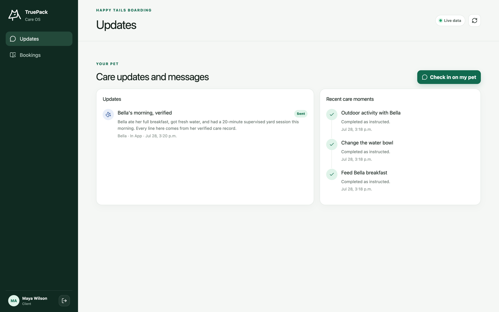 TruePack parent view showing a sent daily update beside the verified timeline of care events