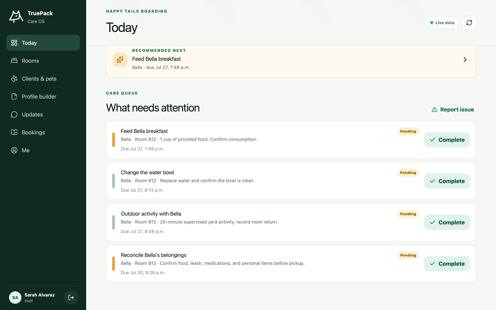 TruePack staff view showing the recommended next task banner with pet, room, and due window above the ordered care queue